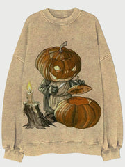 Vintage Pumpkin Ghost Art Print Washed Sweatshirt