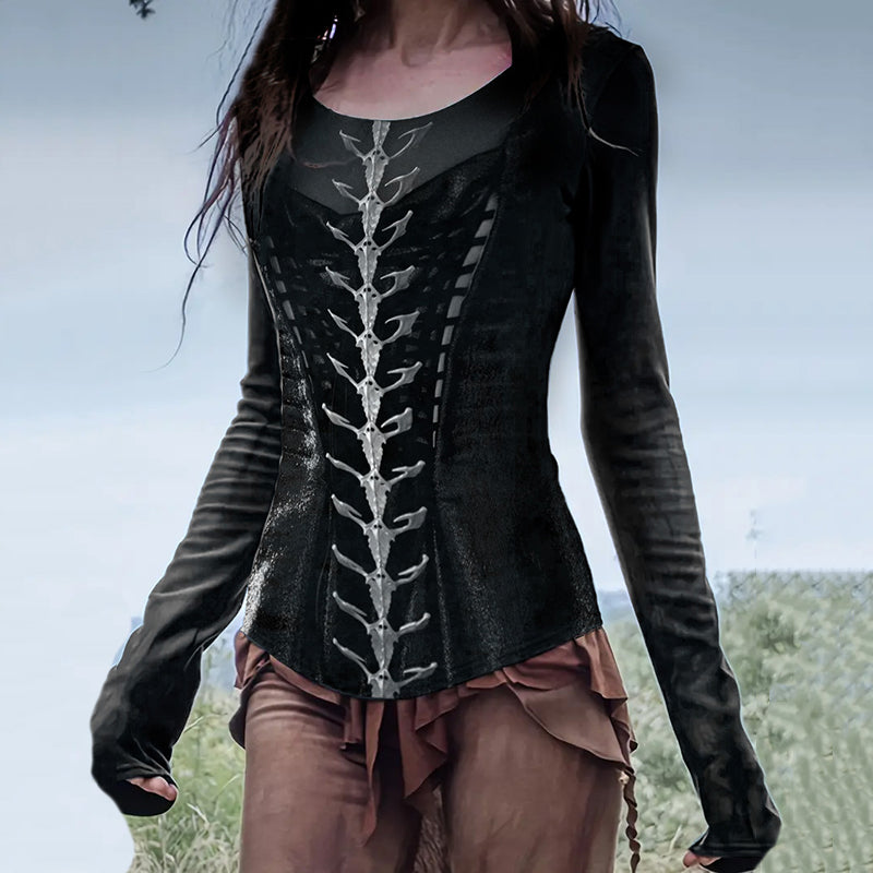 Women's Witch Halloween Gothic Skeleton Spine Art Tops