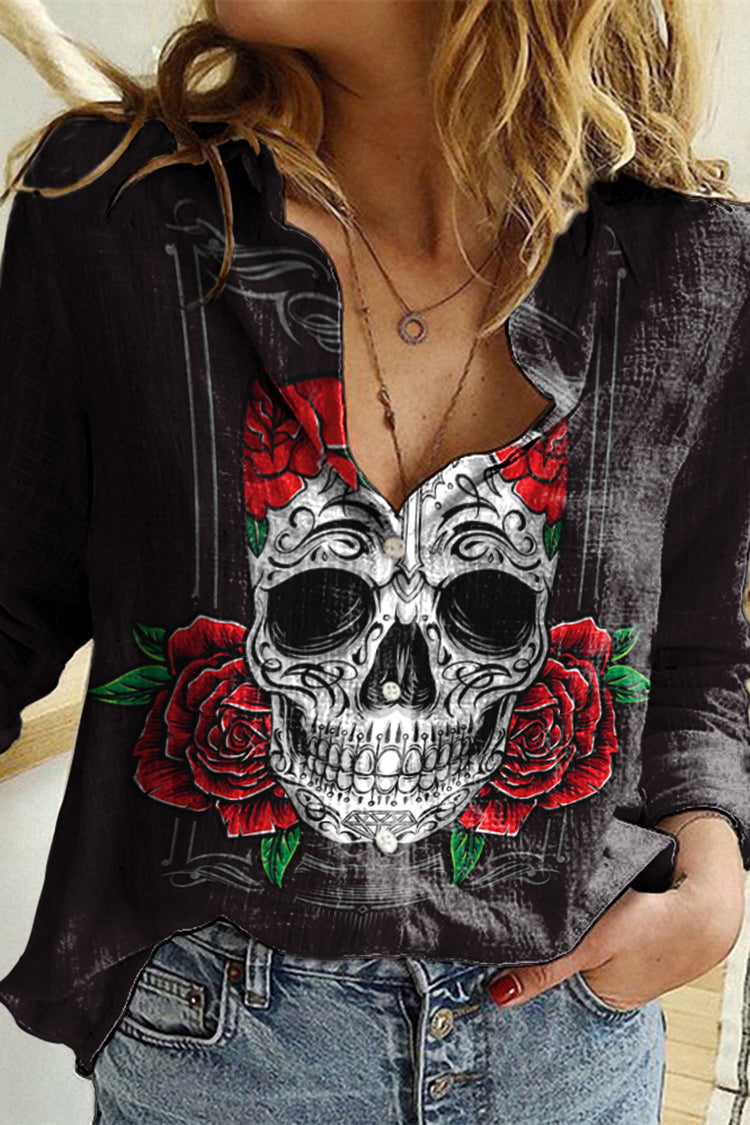 Day Of The Dead Print Long Sleeve Casual Shirt
