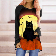 Crew Neck Halloween Cat Pumpkin Tunic