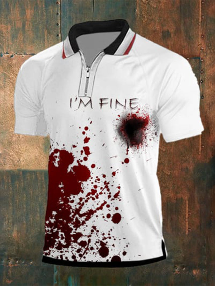 Men's Bloodstain I'm Fine Print Short Sleeve Raglan Zip Polo Shirt