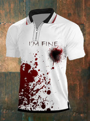 Men's Bloodstain I'm Fine Print Short Sleeve Raglan Zip Polo Shirt