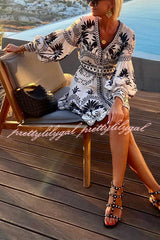 Naiara Palm Print Balloon Sleeve Scalloped Trim Belted Pocket Mini Dress