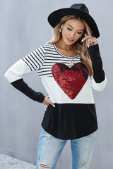 Women's Black White Heart Sequins Striped Long Sleeve Top