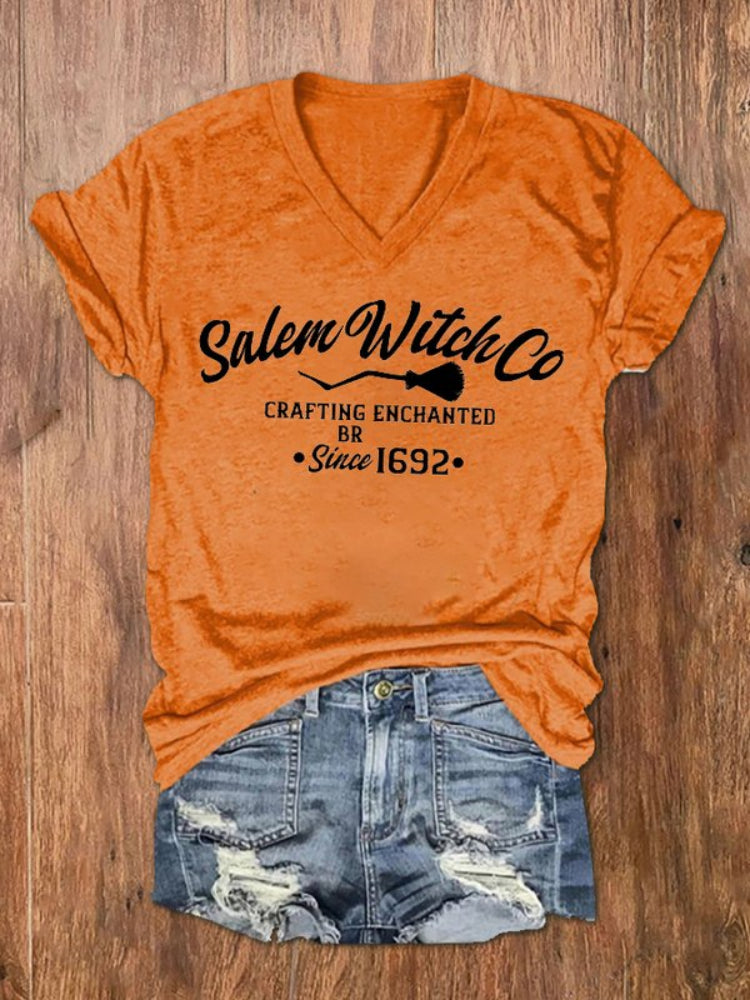 Halloween Salem Witch Co Crafting Enchanted since 1692 Printed V Neck T Shirt