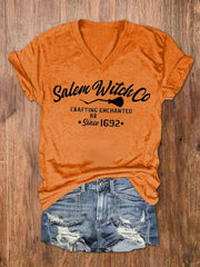 Halloween Salem Witch Co Crafting Enchanted since 1692 Printed V Neck T Shirt
