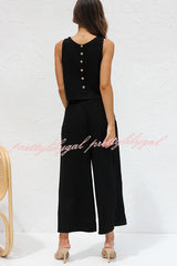 Khiara Basic Button Crop Top and Pocketed Pants Set