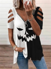 Halloween Pumpkin Face Hollow Shoulder T Shirt