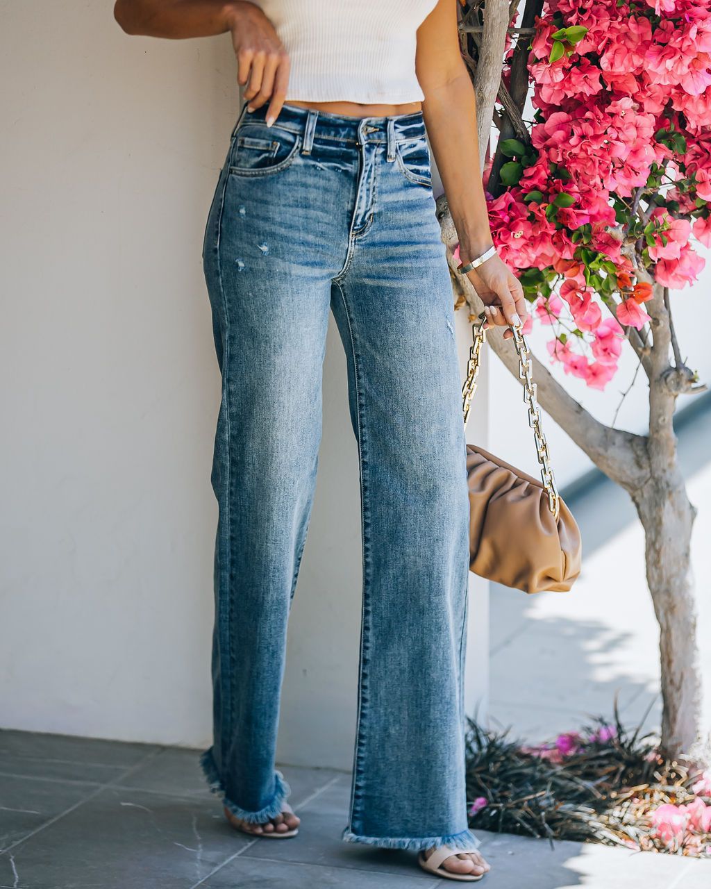 Women's trendy mid waist slim denim trousers