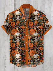 Men's Floral Skull Embroidery Pattern Linen Blend Shirt