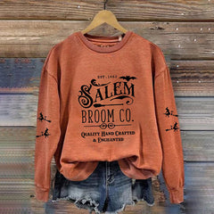 Halloween Salem Broom Co Round Neck Long Sleeve Sweatshirt