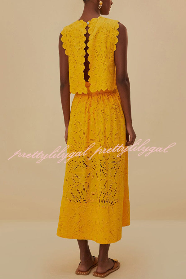 Laylin Cutout Embroidery Lace Petal Trim Open Back Slit Crop Tank Top