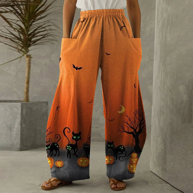 Halloween Pumpkin Cat Print Loose Casual Pants