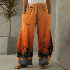 Halloween Pumpkin Cat Print Loose Casual Pants