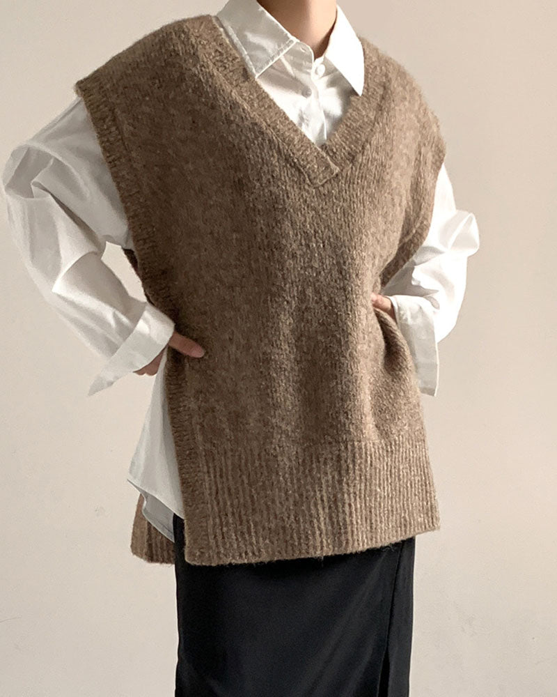 V-Neck Slit Belt Soft Waxy Sweater Jacket Vest