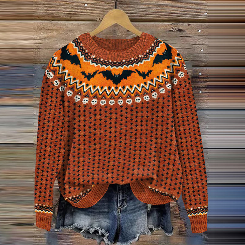 Halloween Bat Print Knitted Pullover Sweater