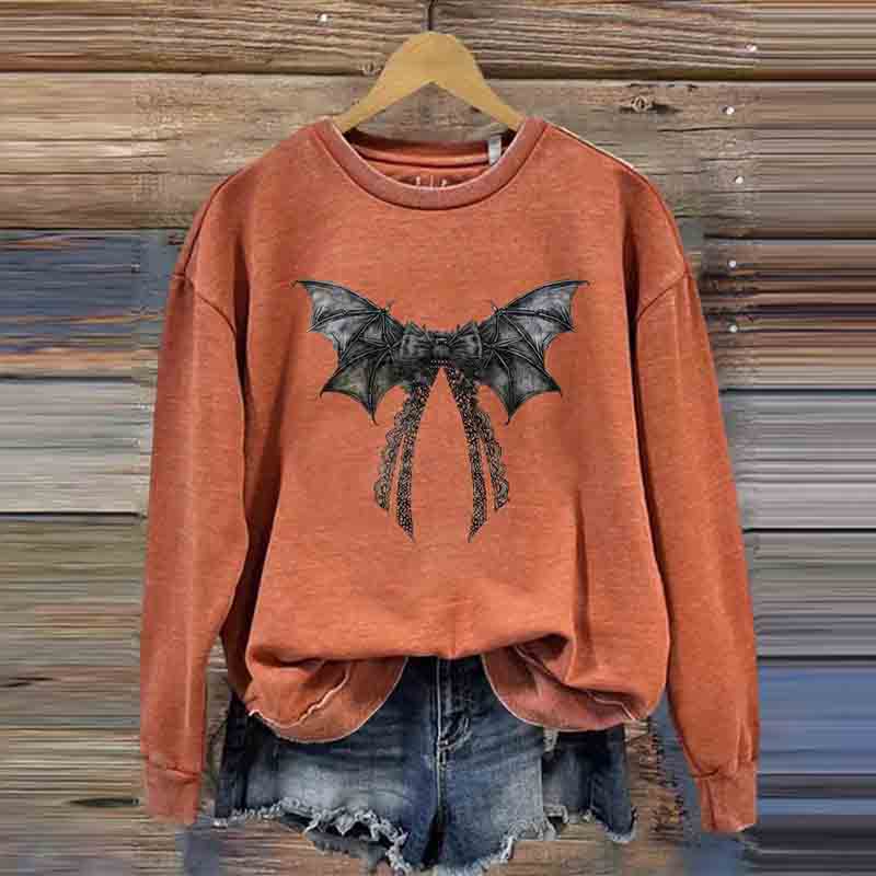 Halloween Bat Bow Print Round Neck Casual Sweatshirt