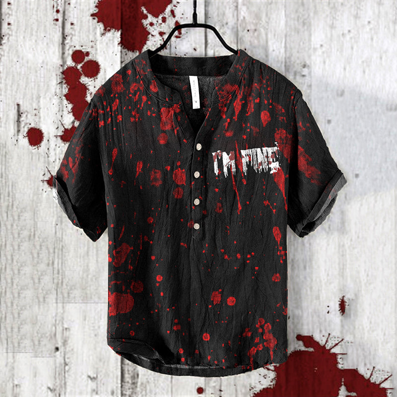 I'm Fine Bloodstained Halloween Art V-Neck Cotton And Linen Blend Shirt