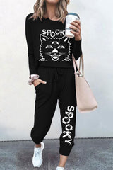 Spooky Cat Print T-Shirt Two Piece Set