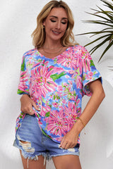 Women's Pink Floral Print V Neck T Shirt