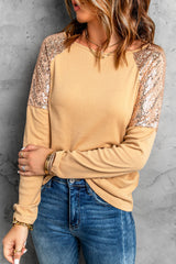 Women's Fashion Apricot Sequin Shoulder Long Sleeve Top