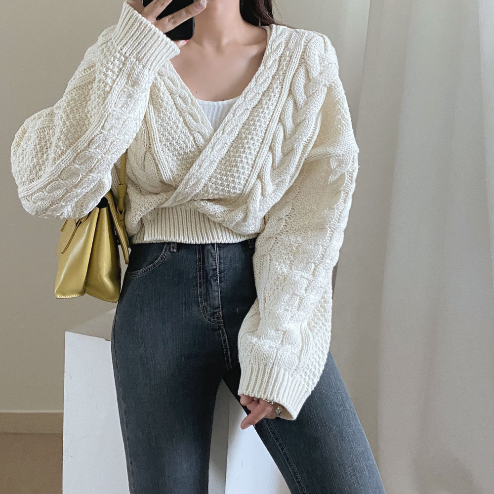 V-Neck Sweater Cropped Linen Pattern Knit Sweater