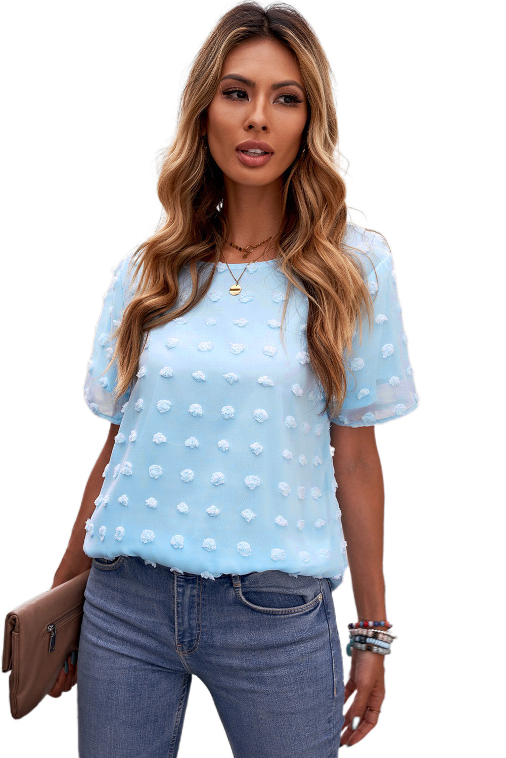 Women's Sky Blue Swiss Dot Texture O-neck Short Sleeve Top