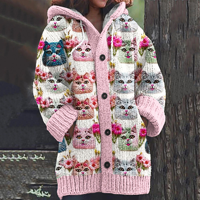 Abstract Colorblock Floral Cats World Art Pattern Cozy Cardigan Sweater