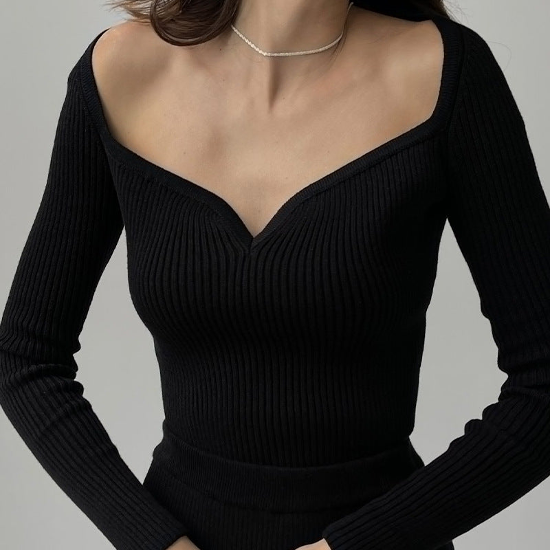 Square Neck Slim Knit Sweater with Long Sleeves Top
