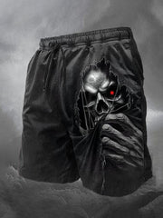 Men's Skull Print Gothic Linen Blend Casual Shorts