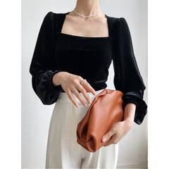 Black Velvet Square Collar Bubble Sleeve Blouse