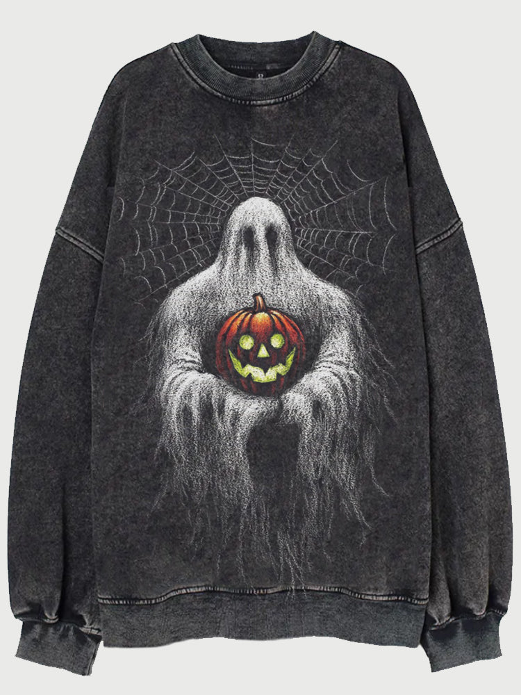 Vintage Halloween Ghost Pumpkin Art Washed Sweatshirt