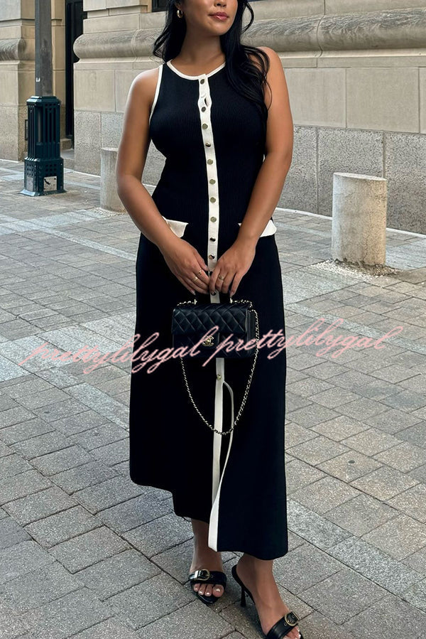 Elegant Slim Fit Crew Neck Buttoned Sleeveless Knit Midi Dress