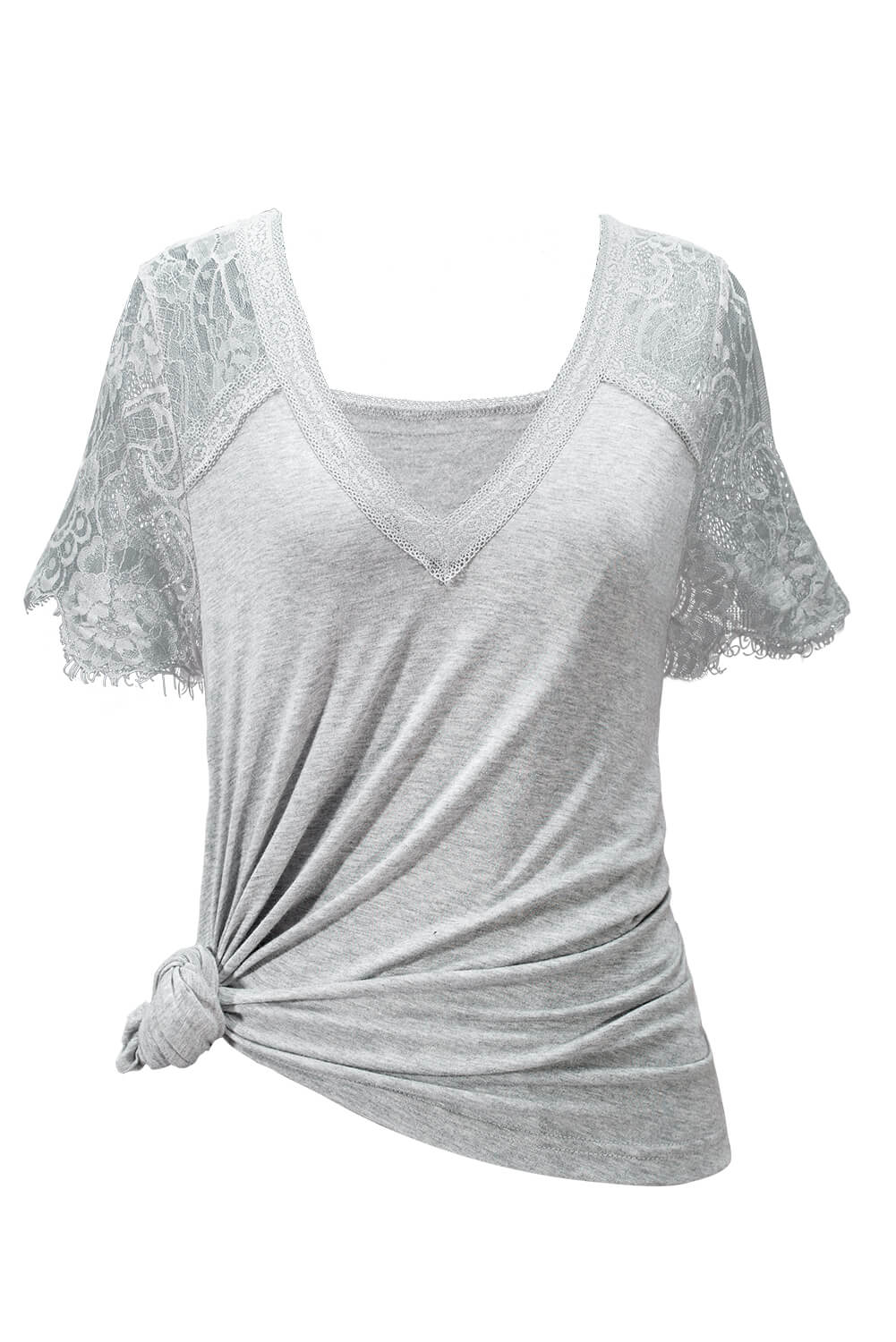 Women's Gray Sweet Side Lace Short Sleeve Deep V Neck T-shirt