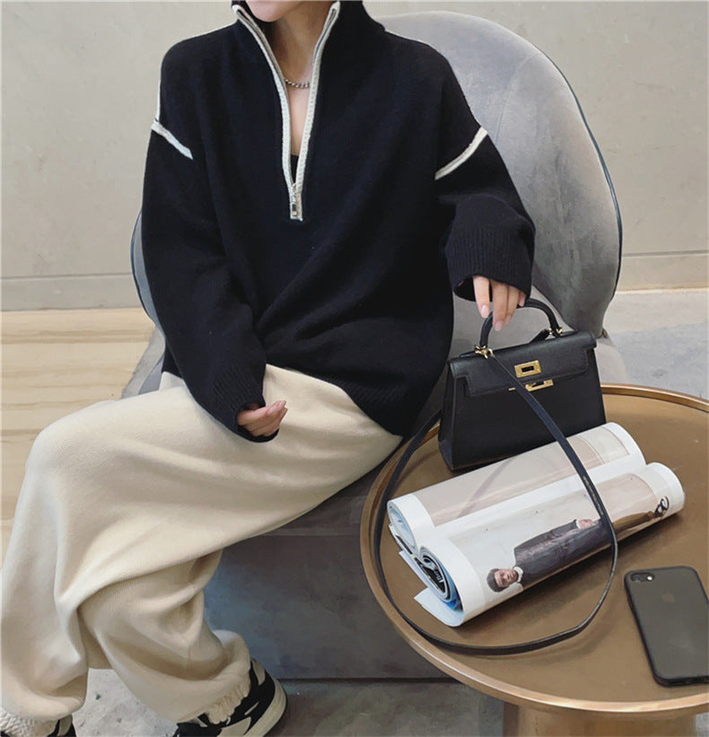 Stand Collar Zip Colorblock Loose Fashion Sweater