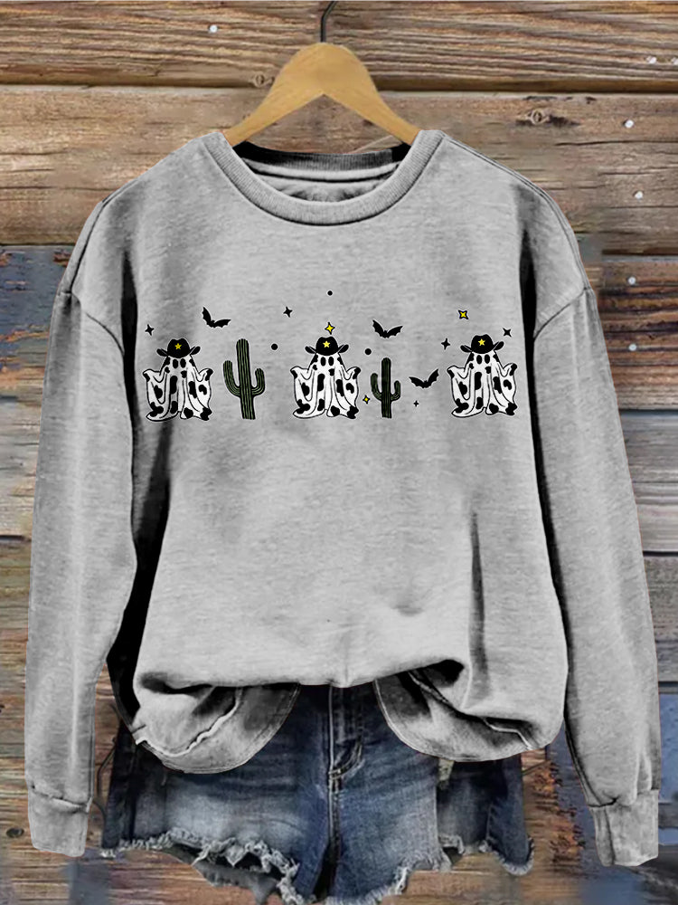 Lovely Halloween Cow & Cactus Graphic Washed Sweatshirt