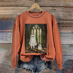 Halloween Ghost And Cat Print Sweatshirt