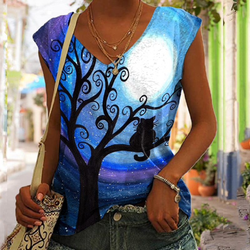 Casual Cat Print Sleeveless Tank Top