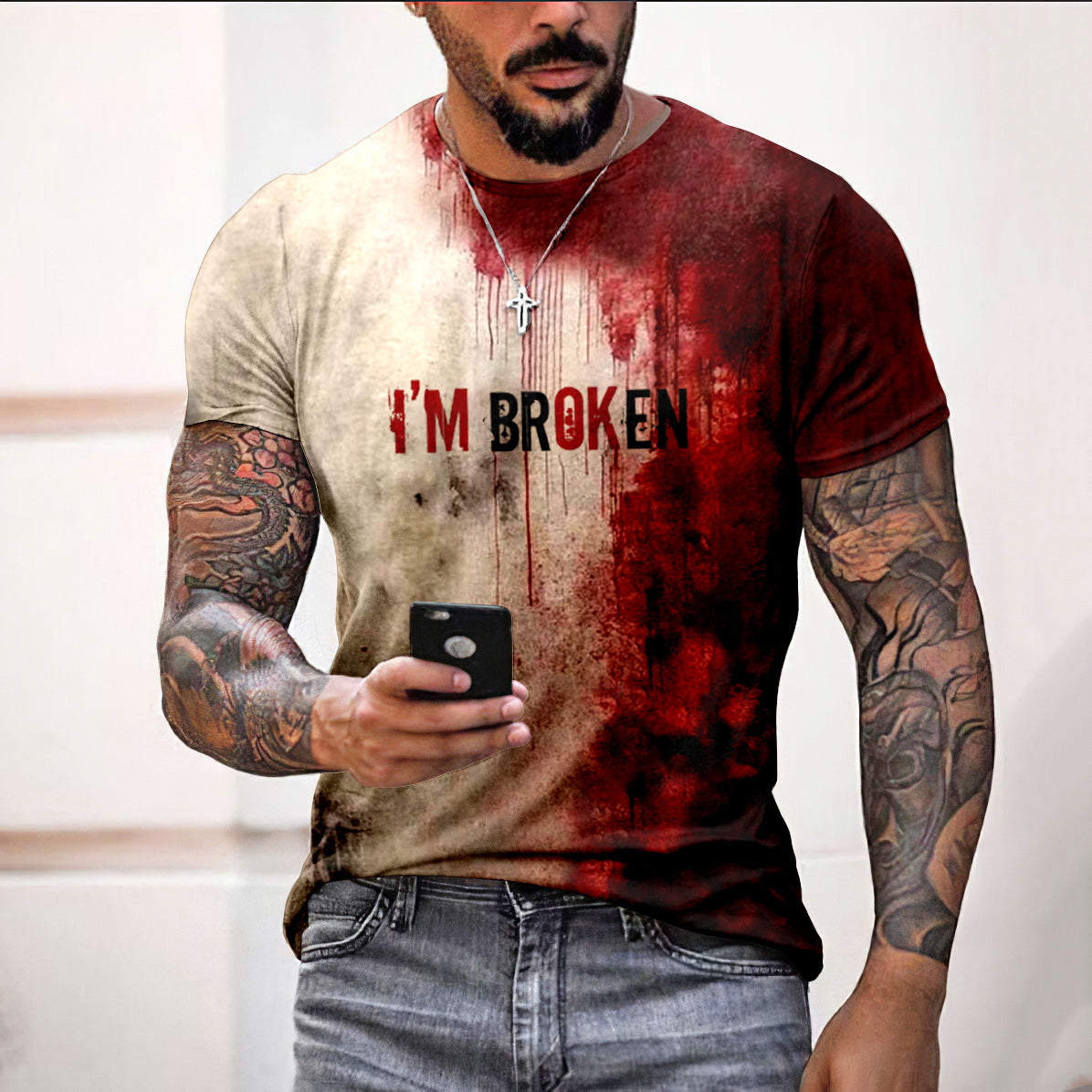 Halloween I'M Broken Bloody Print Casual T-Shirt