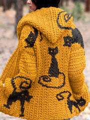 Vintage Naughty Black Cat Halloween Art Cozy Cardigan Sweater