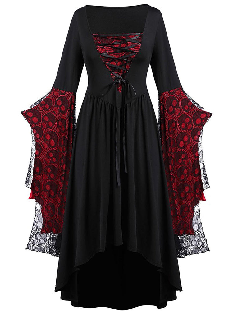 Halloween Skull Print Lace Stitching Dress