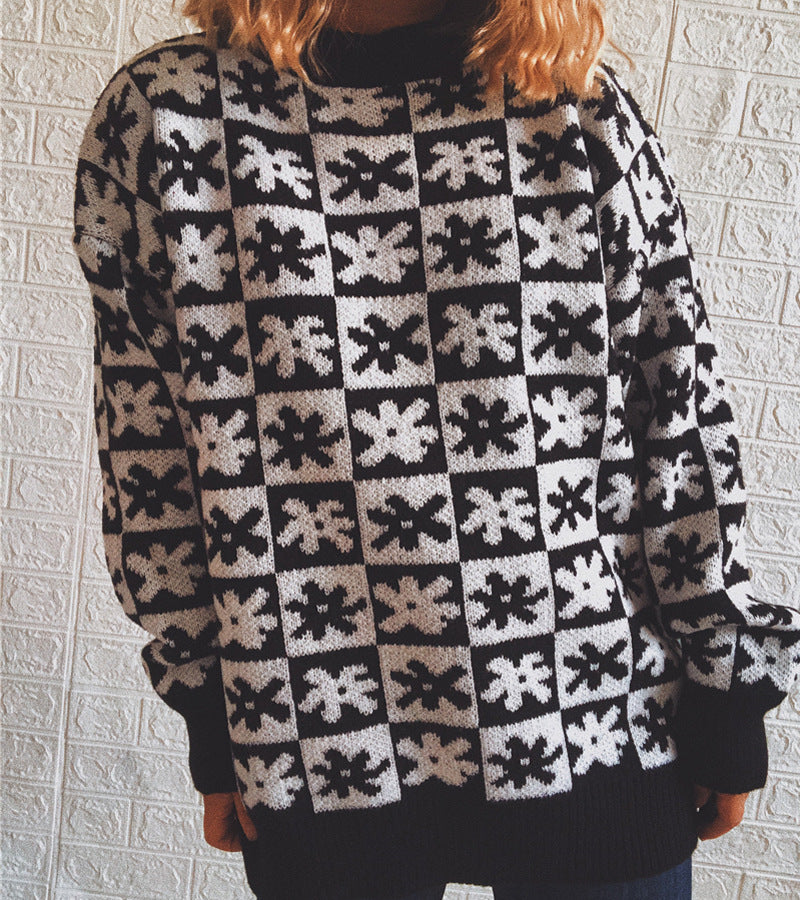 Casual Floral Plaid Round Collar Long Sleeve Loose Knit Sweater