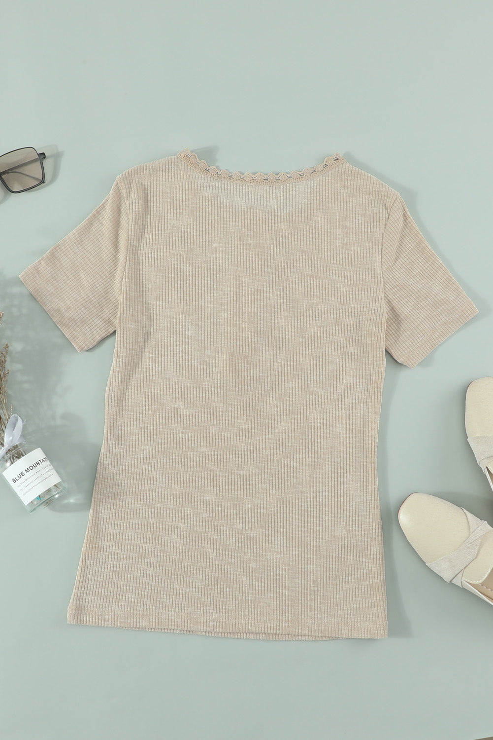 Women's Beige Crew Neck Buttoned Ribbed Knit Short Sleeve Top