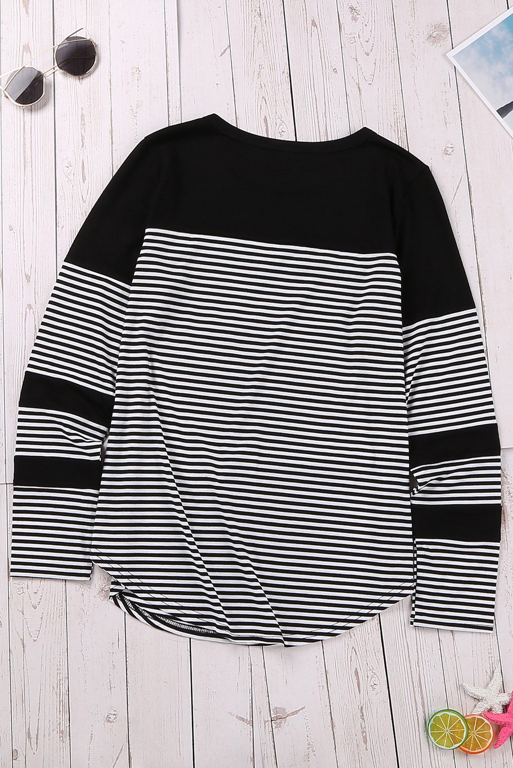 Women's Casual Black Striped Pinstripe Patch Pocket Long Sleeve Top