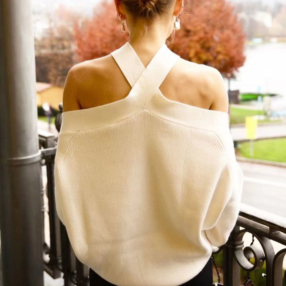 Fashion cross neck, off-the-shoulder loose knit