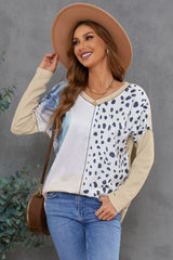 Women's Casual Apricot V Neck Tie-dye&Leopard Splice Waffle Knit Long Sleeve Top