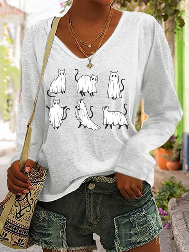 Funny Cat Print Long Sleeve V Neck T-Shirt