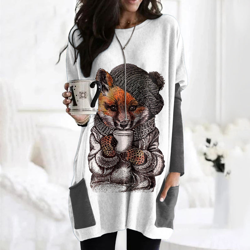 Fall Fox Coffee Autumn Art Embroidered Comfy Tunic