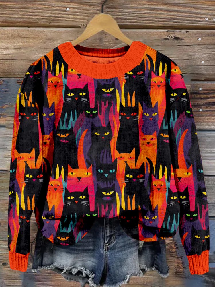 Haloween Cats Art Crew Neck Cozy Sweater