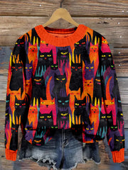 Haloween Cats Art Crew Neck Cozy Sweater